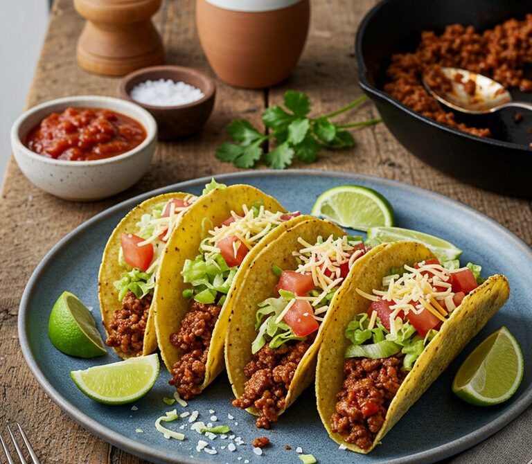 Crispy Tex-Mex Ground Beef Tacos with Salsa Roja