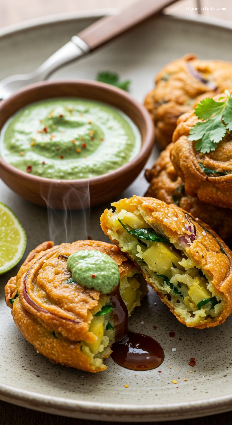 Crispy Vegetable Pakoras with Tamarind and Mint Chutneys – Closeup