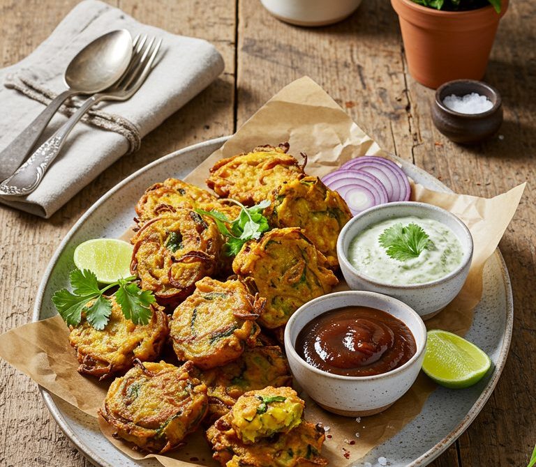 Crispy Vegetable Pakoras with Tamarind and Mint Chutneys