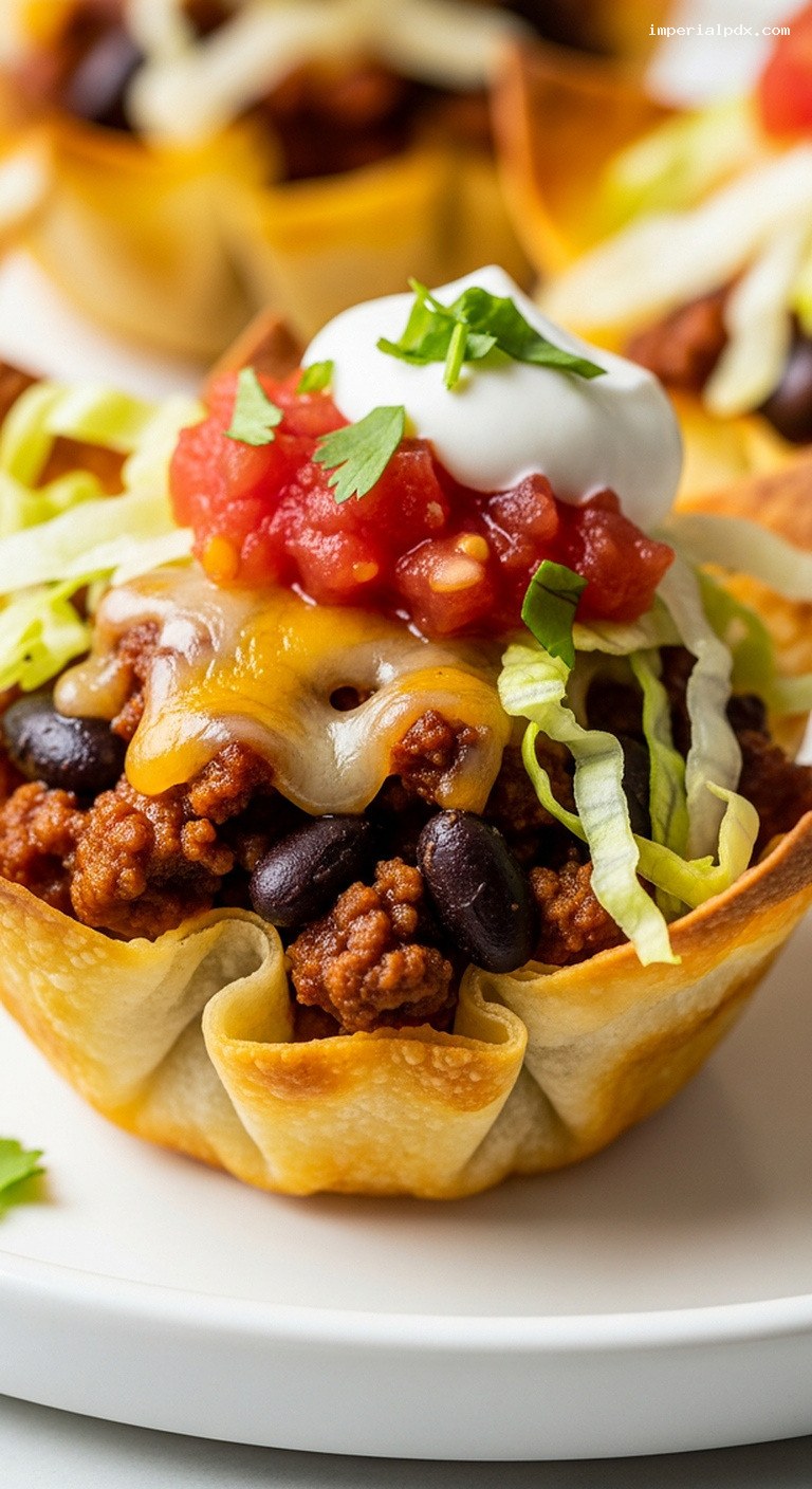 Crispy Wonton Taco Cups with Beef and Beans – Closeup