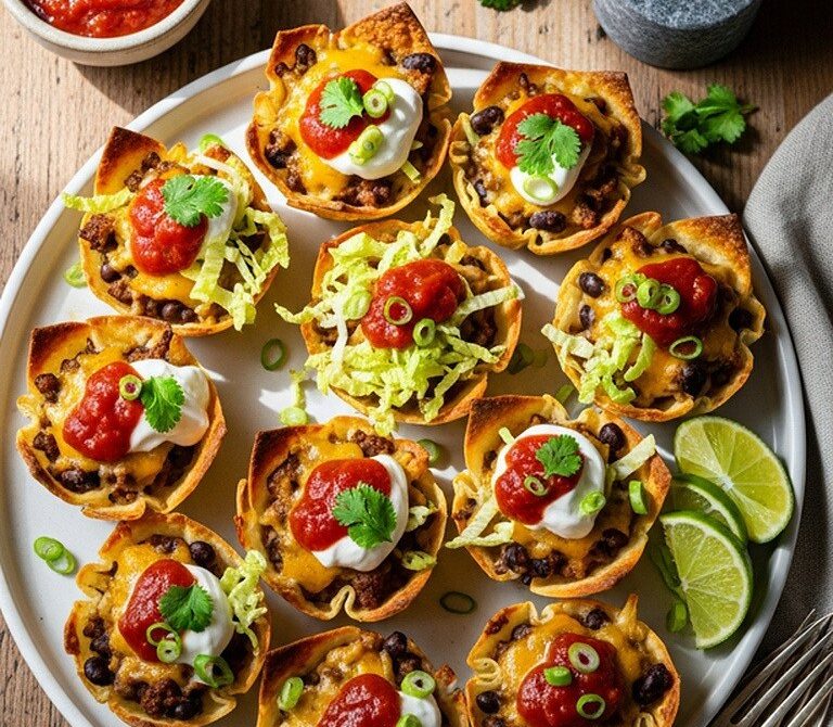 Crispy Wonton Taco Cups with Beef and Beans
