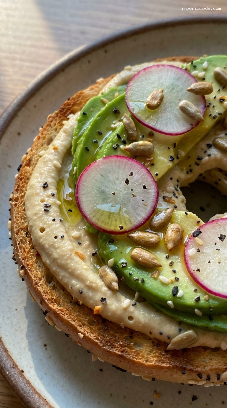Crunchy Avocado Hummus Everything Bagel Sandwich – Closeup