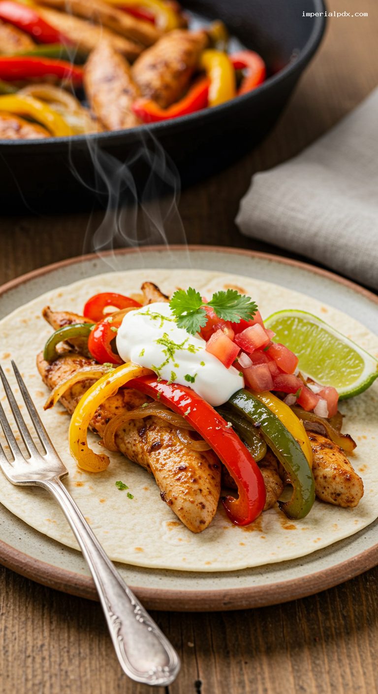 Cumin-Chili Chicken Fajitas with Peppers and Onions – Closeup
