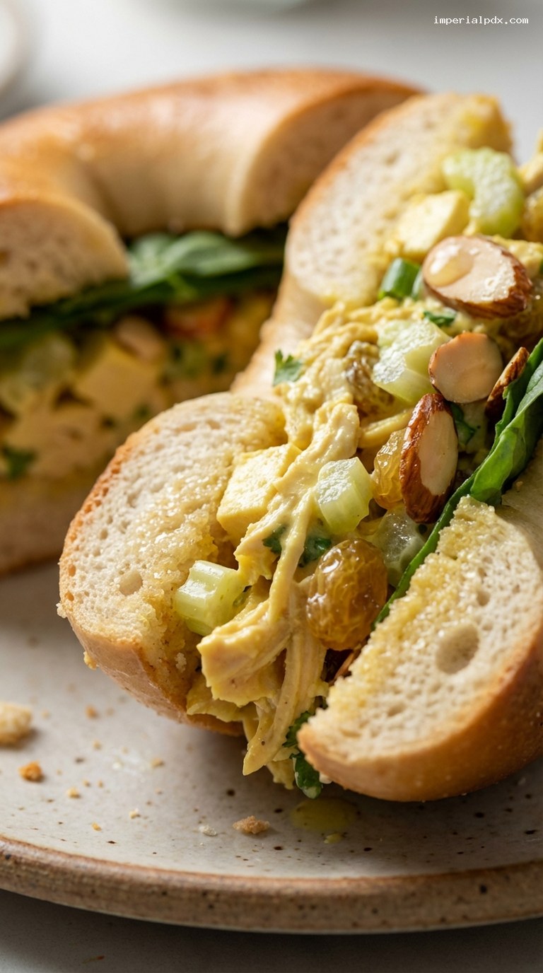 Curried Chicken Salad Bagel with Raisins and Almonds – Closeup