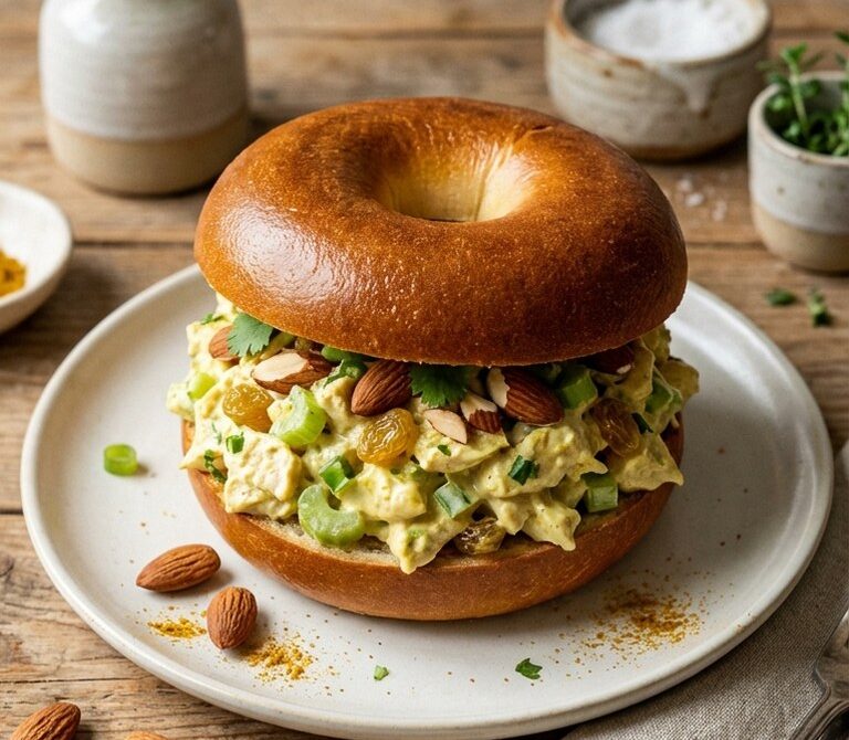 Curried Chicken Salad Bagel with Raisins and Almonds