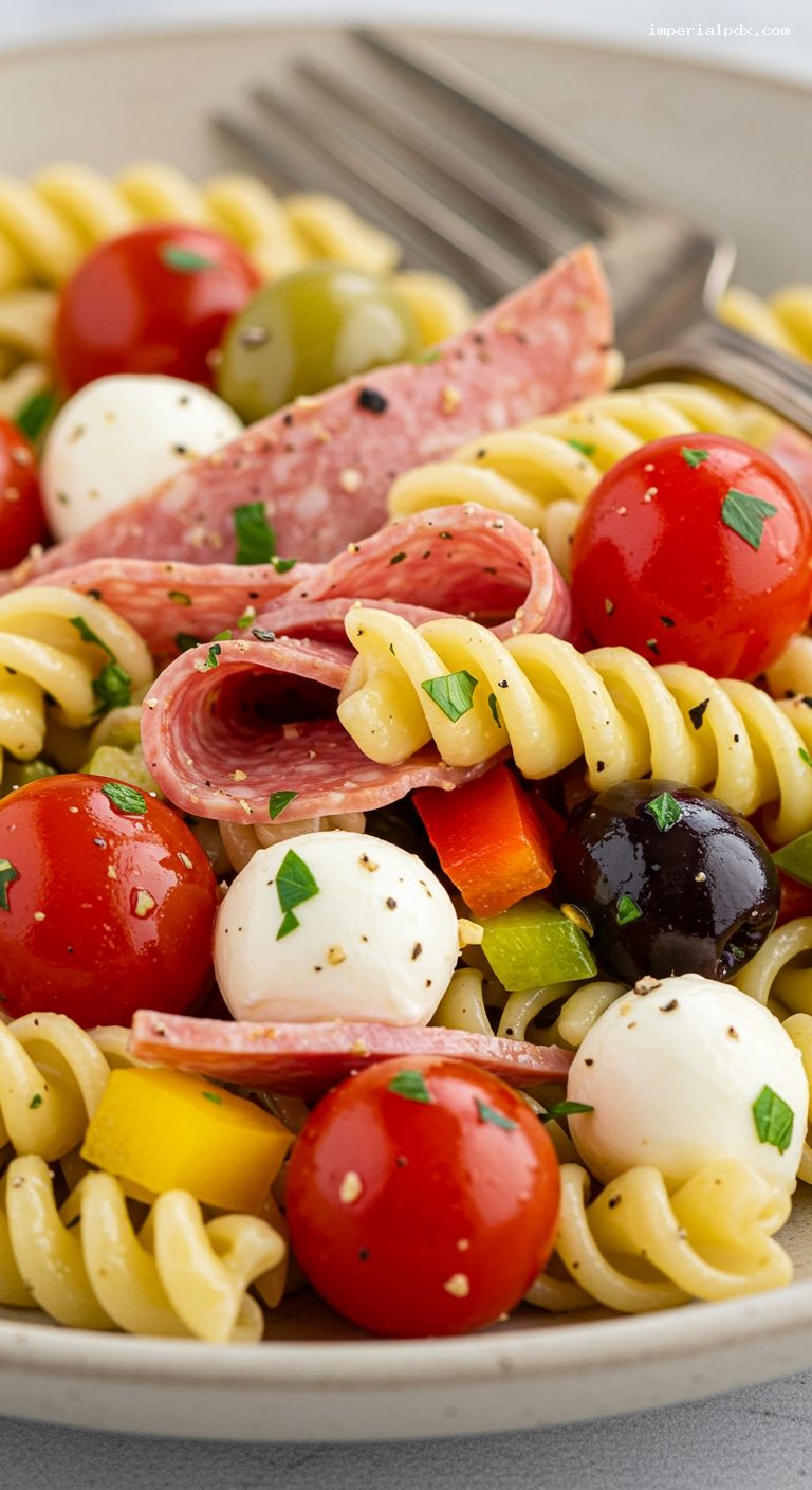 Deli-Style Italian Pasta Salad with Salami and Mozzarella – Closeup