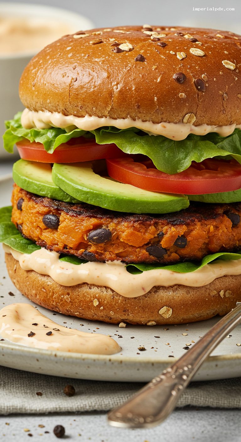 Deluxe Black Bean Sweet Potato Veggie Burger – Closeup