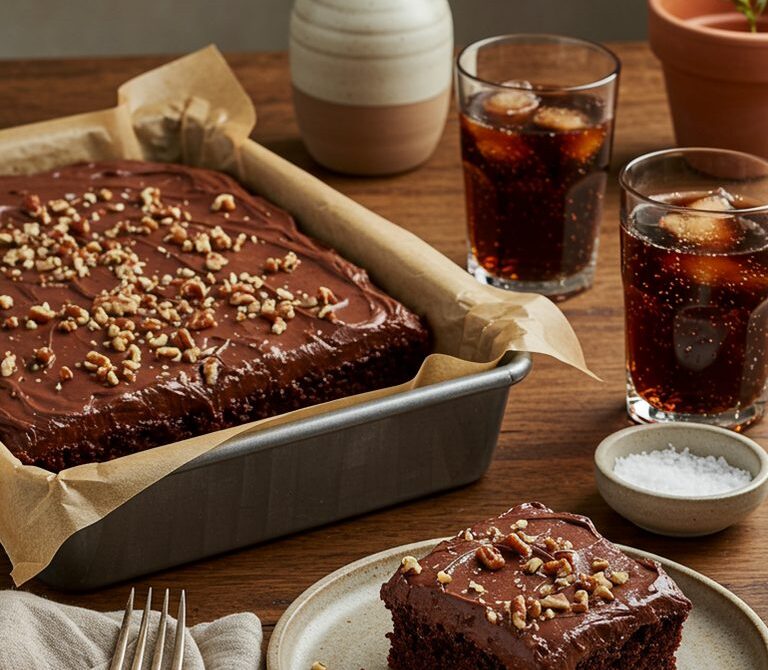 Dr Pepper Chocolate Snack Cake with Fudge Frosting and Pecans