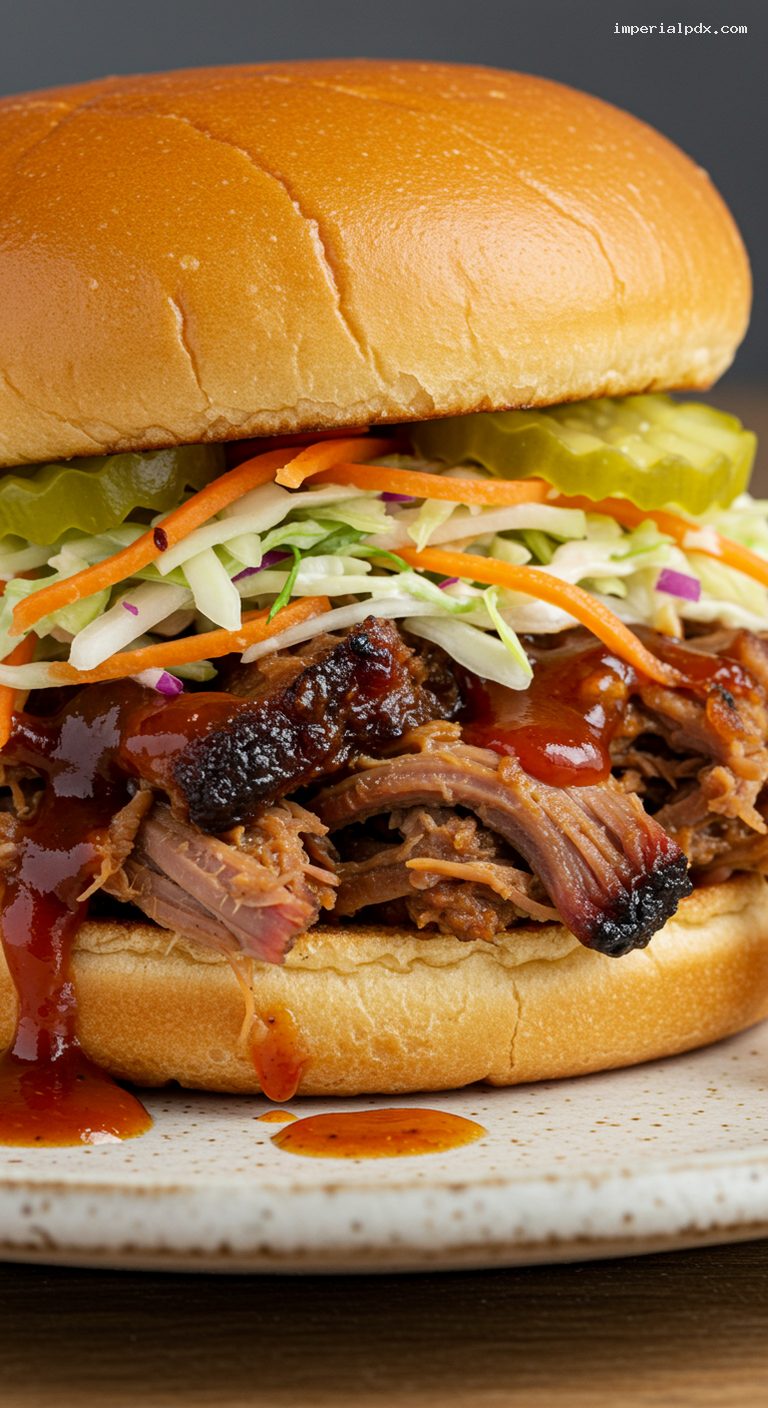 East Texas Pulled Pork Sandwiches with Slaw and Pickles – Closeup