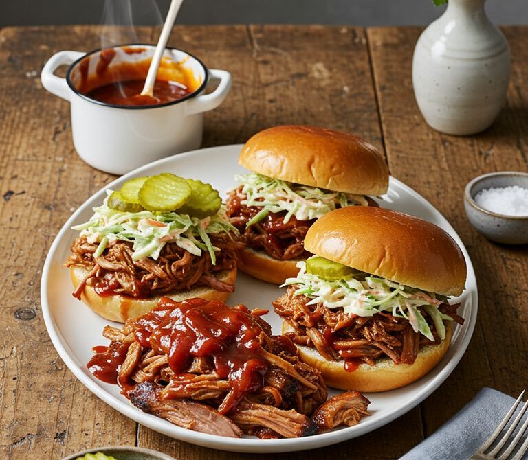 East Texas Pulled Pork Sandwiches with Slaw and Pickles