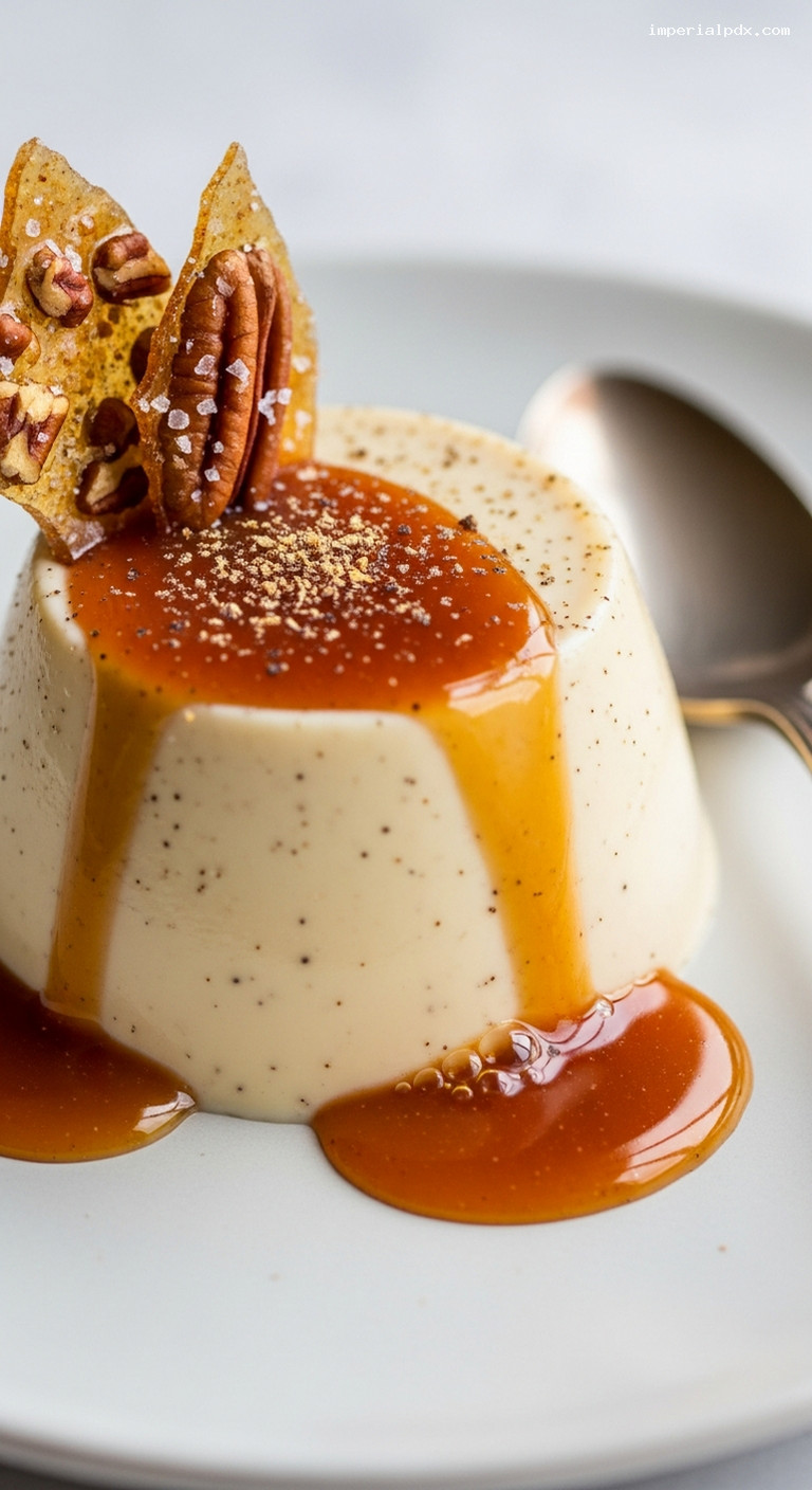 Eggnog Panna Cotta with Boozy Caramel or Nut Praline – Closeup