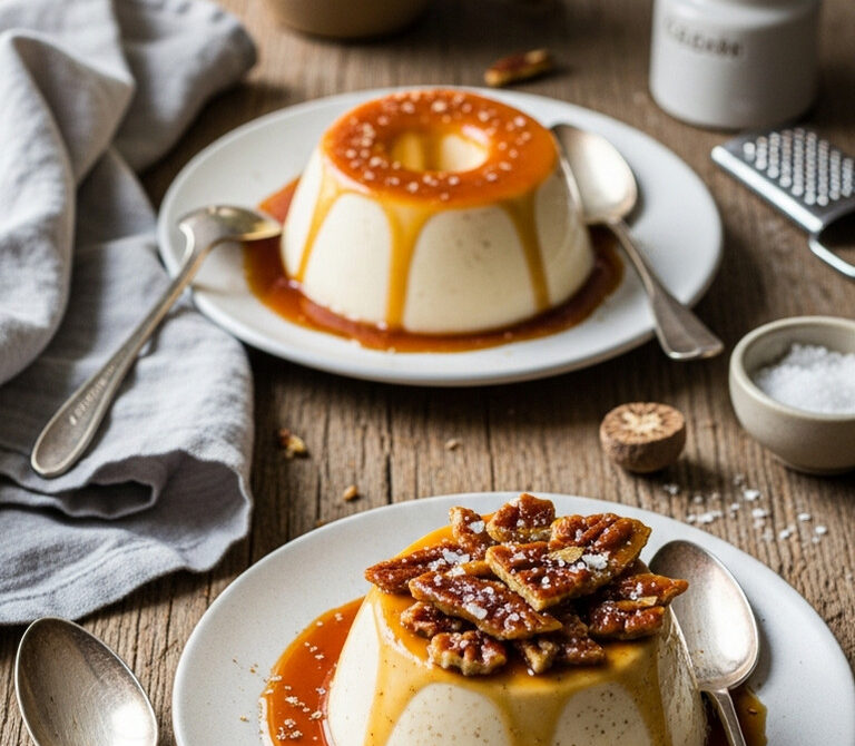 Eggnog Panna Cotta with Boozy Caramel or Nut Praline