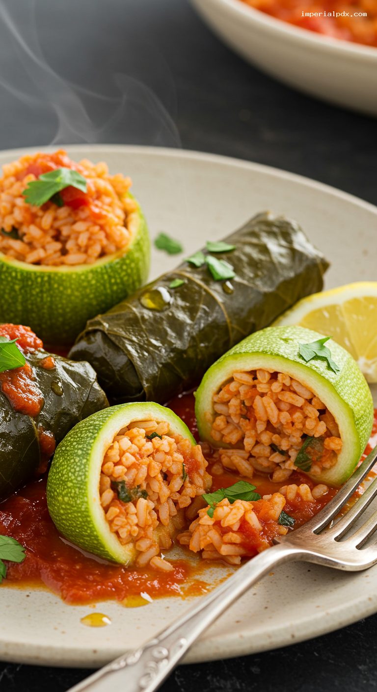 Egyptian Mahshi: Herb-Rice Stuffed Vegetables in Tomato Sauce – Closeup