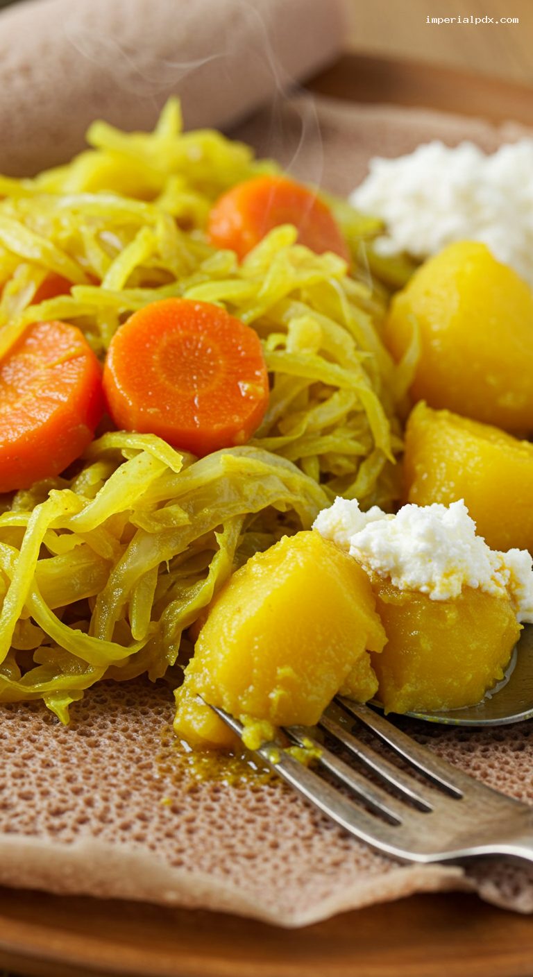 Ethiopian Atakilt Wat with Injera and Ayib – Closeup