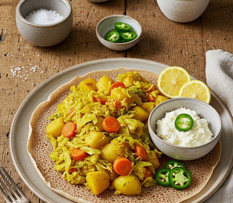 Ethiopian Atakilt Wat with Injera and Ayib