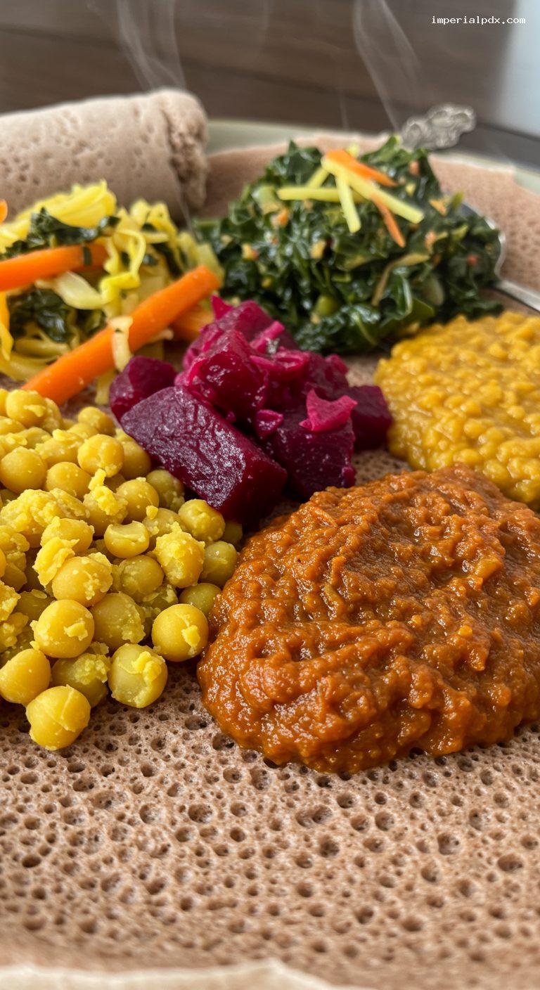 Ethiopian Beyaynetu Vegetarian Platter Over Injera – Closeup