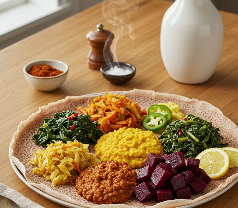 Ethiopian Beyaynetu Vegetarian Platter Over Injera