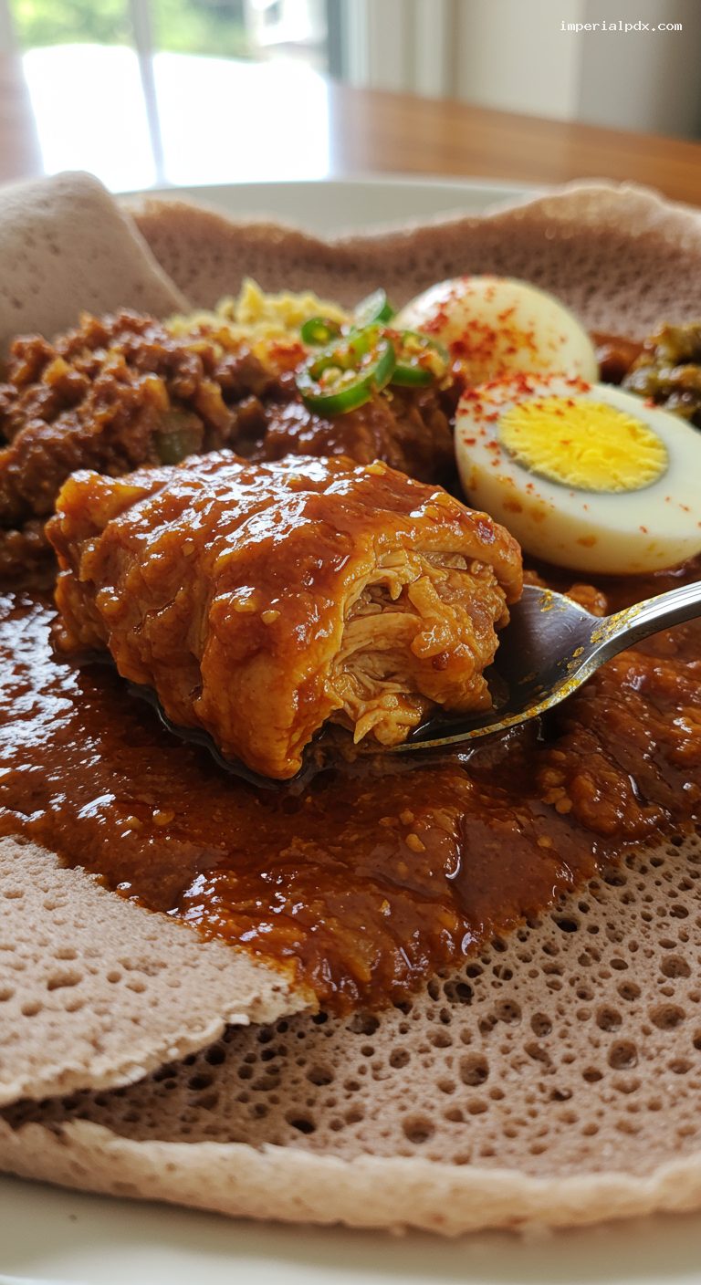 Ethiopian Doro Wat with Injera and Eggs – Closeup