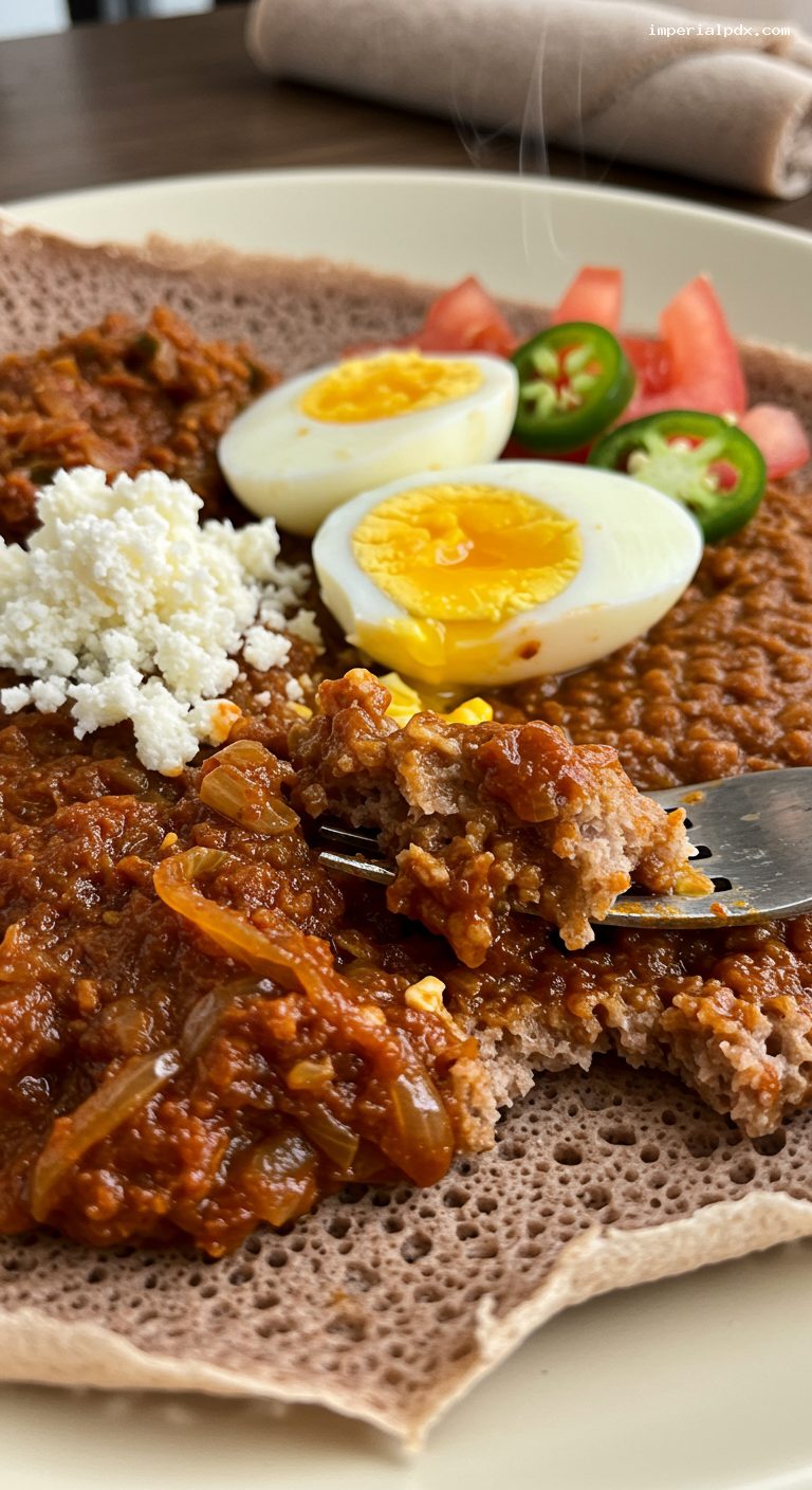 Ethiopian Firfir with Berbere, Ayib, and Egg – Closeup