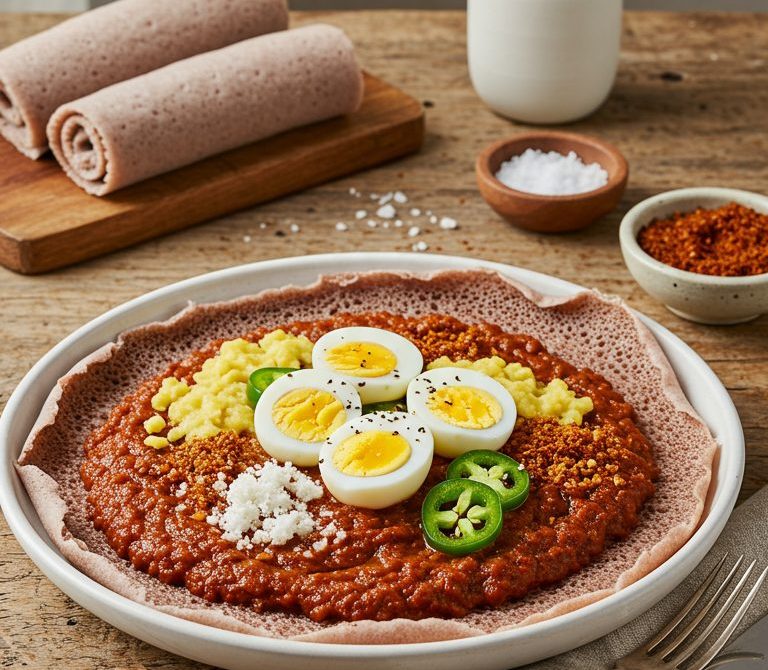 Ethiopian Firfir with Berbere, Ayib, and Egg