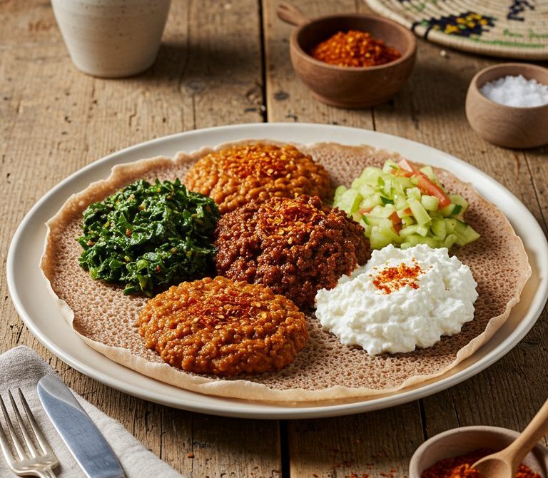 Ethiopian Kitfo with Ayib and Gomen on Injera