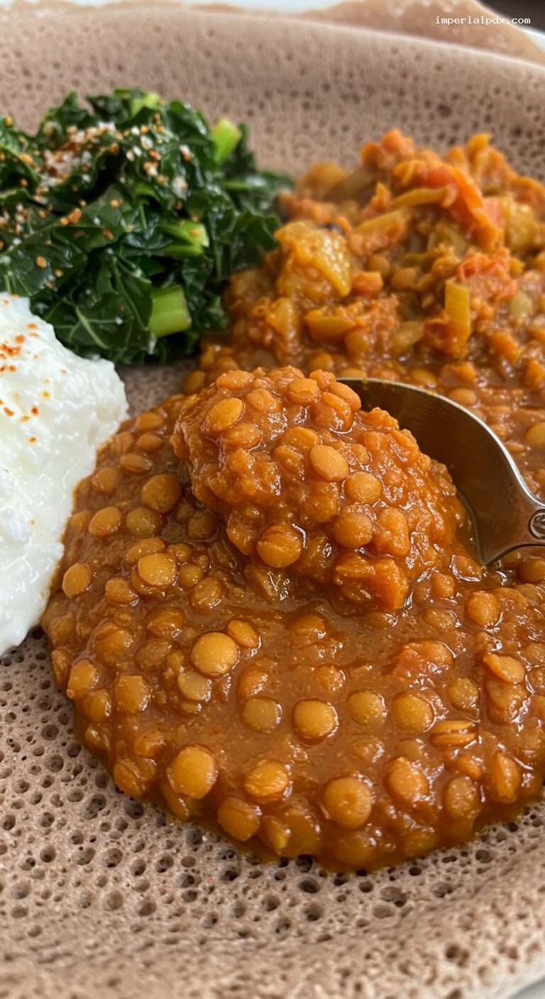 Ethiopian Misir Wat with Injera and Ayib – Closeup