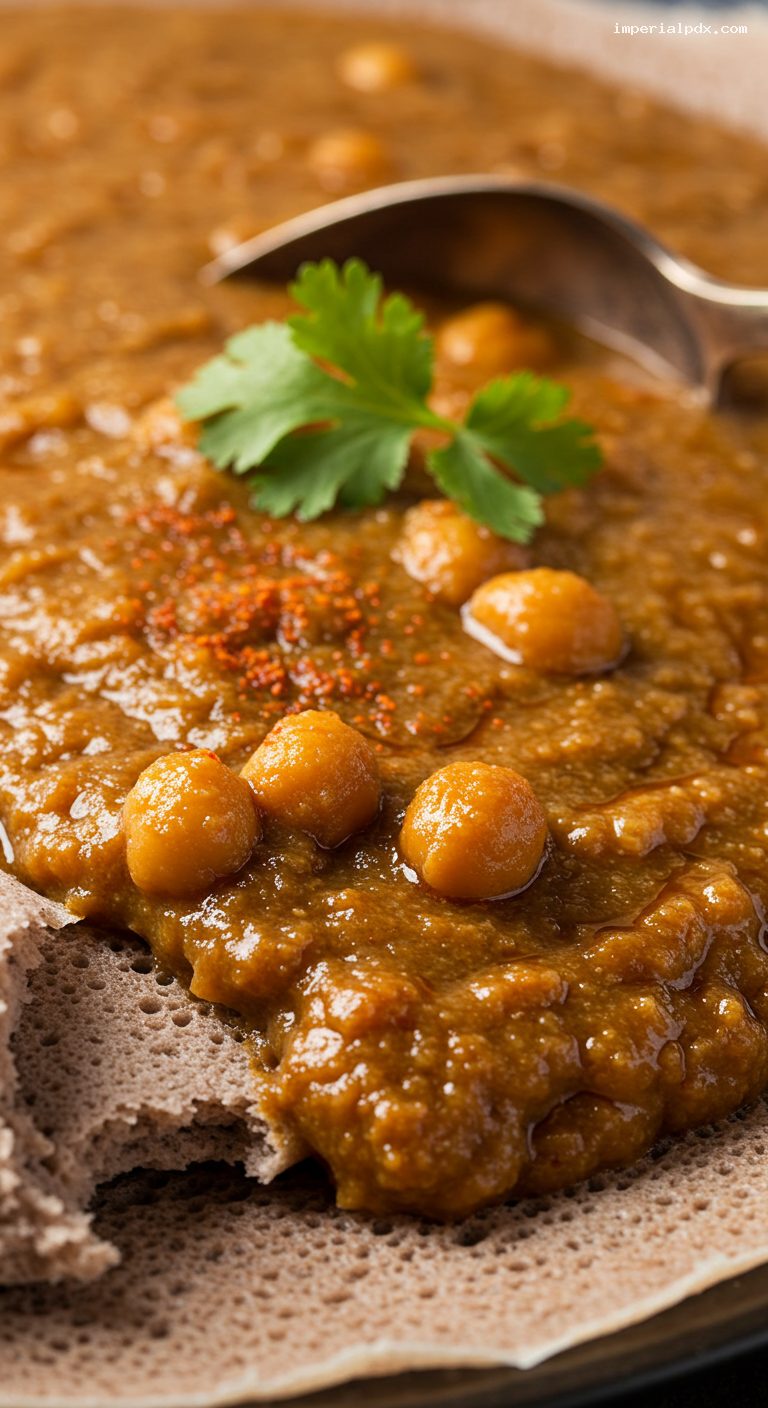 Ethiopian Shiro Wat with Injera and Berbere – Closeup