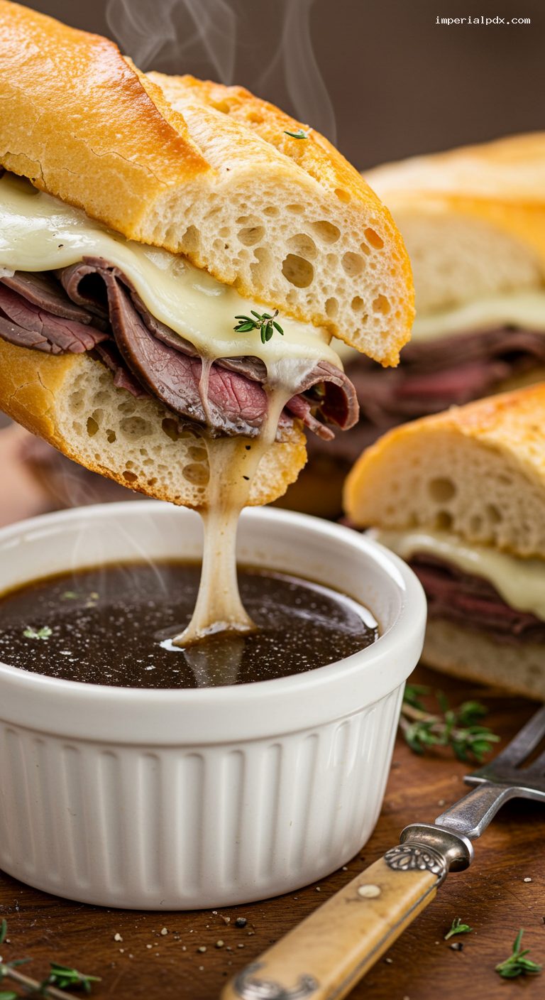 French Dip Sandwich with Provolone and Au Jus – Closeup