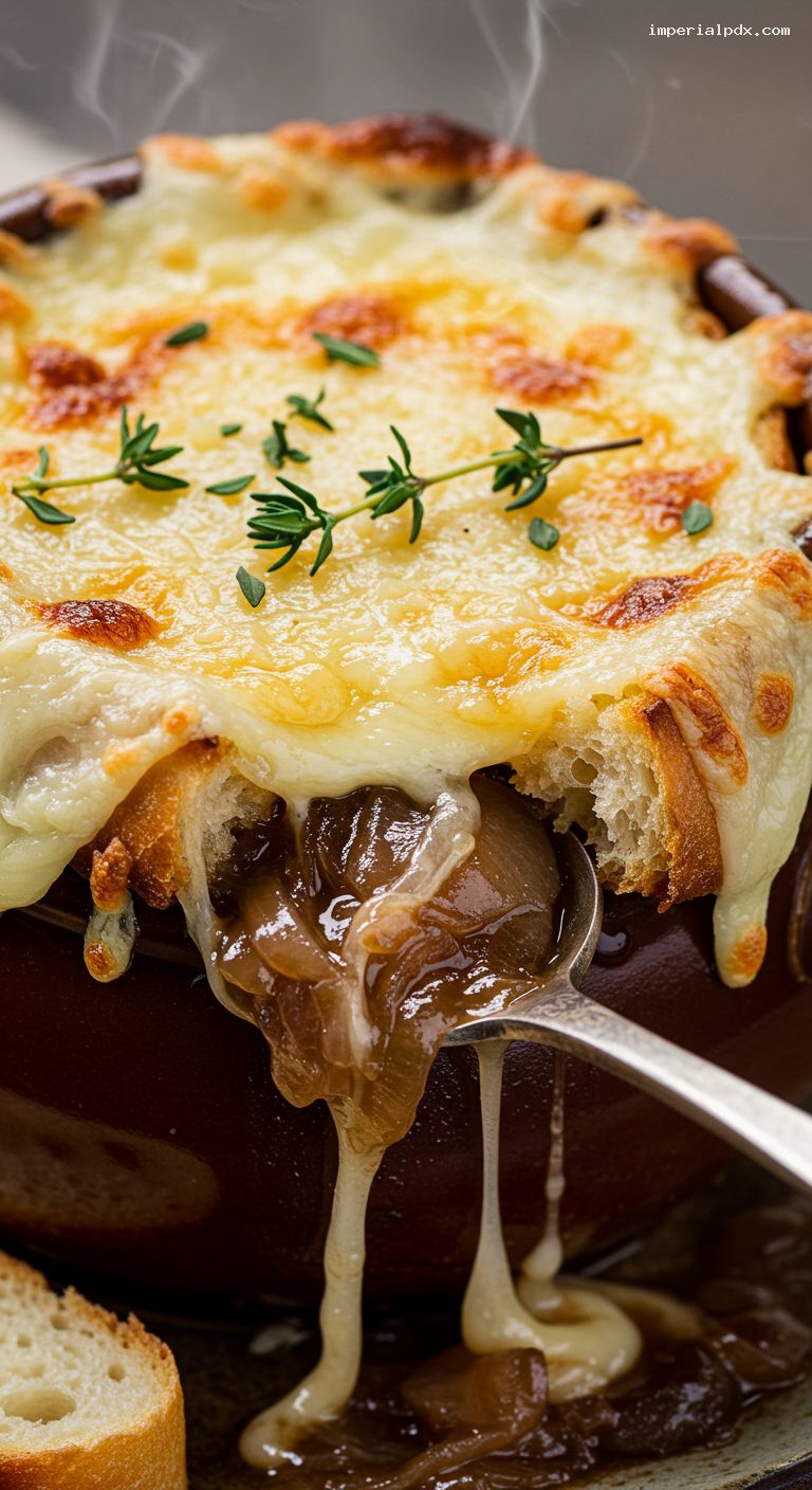 French Onion Soup with Gruyère Toast Cap – Closeup