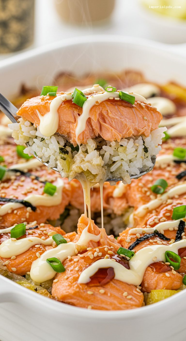 Furikake Salmon Rice Bake with Nori Scoops – Closeup