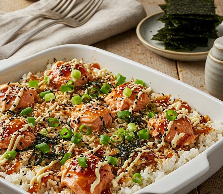 Furikake Salmon Rice Bake with Nori Scoops
