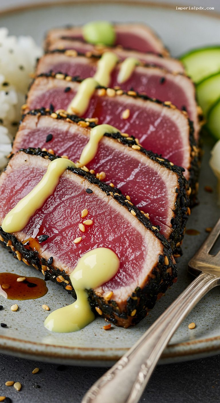 Furikake-Seared Ahi with Wasabi Mayo and Shoyu Reduction – Closeup