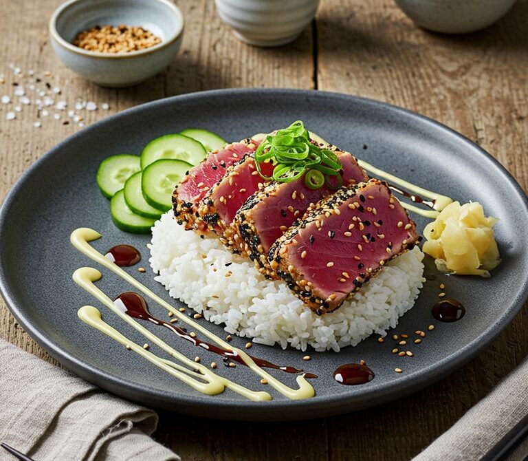 Furikake-Seared Ahi with Wasabi Mayo and Shoyu Reduction