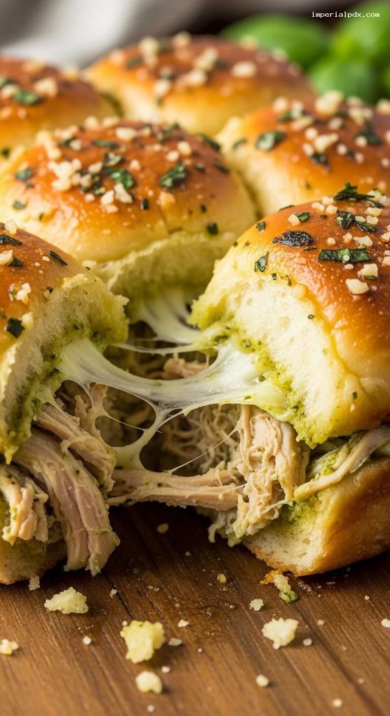 Garlic Butter Pesto Chicken Pull-Apart Sliders – Closeup