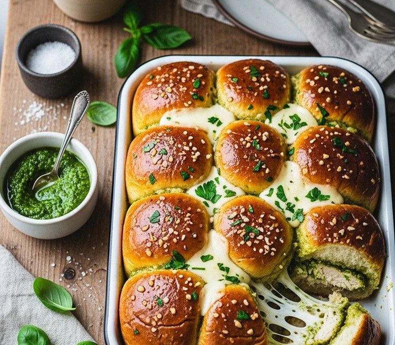 Garlic Butter Pesto Chicken Pull-Apart Sliders