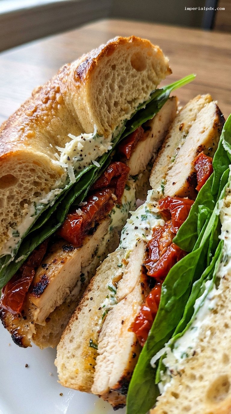 Garlic Herb Chicken and Sun-Dried Tomato Bagel Sandwich – Closeup