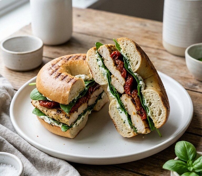 Garlic Herb Chicken and Sun-Dried Tomato Bagel Sandwich