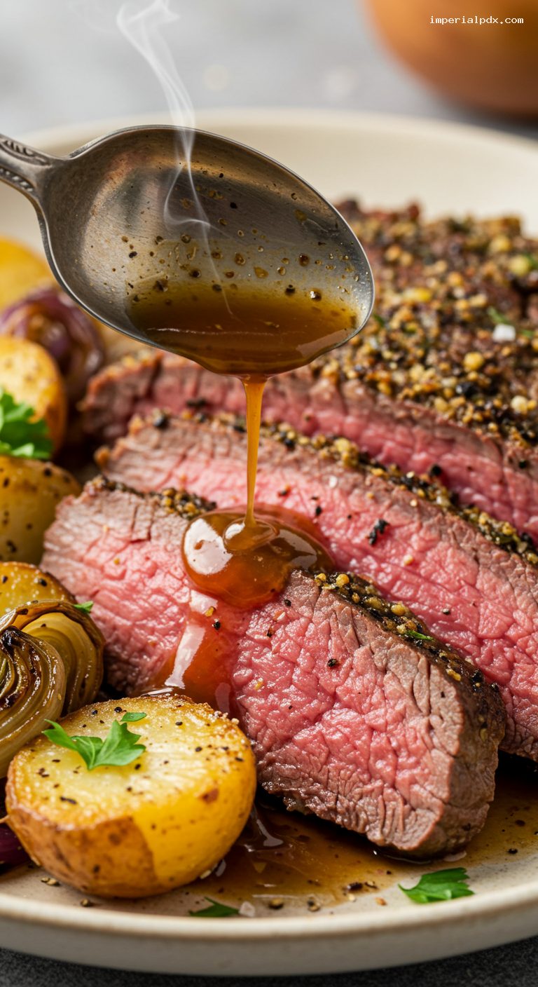 Garlic-Herb Roast Tri-Tip Over Potatoes and Onions – Closeup
