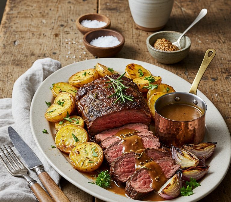 Garlic-Herb Roast Tri-Tip Over Potatoes and Onions