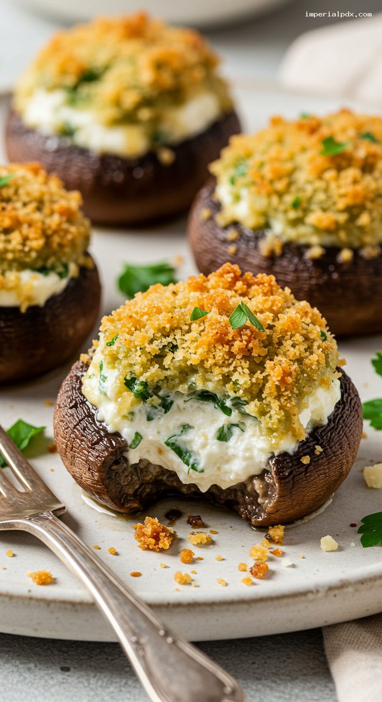 Garlic Herb Stuffed Mushrooms with Creamy Panko Top – Closeup