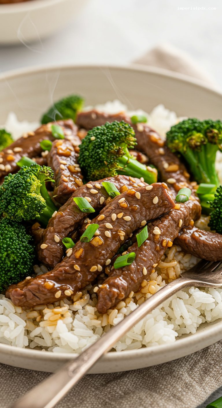 Garlicky Beef and Broccoli Stir-Fry Over Rice – Closeup