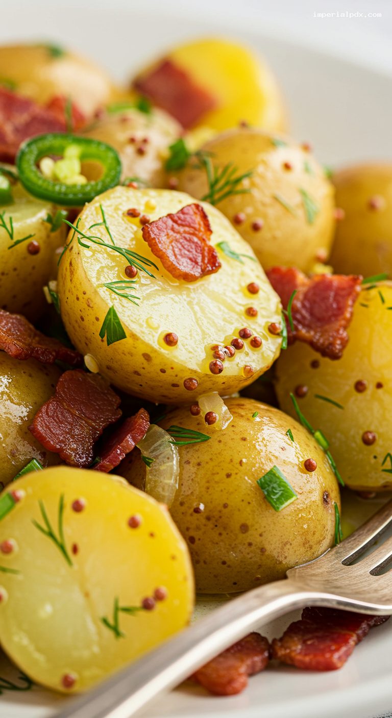 German-Texan Warm Potato Salad with Bacon and Dill – Closeup