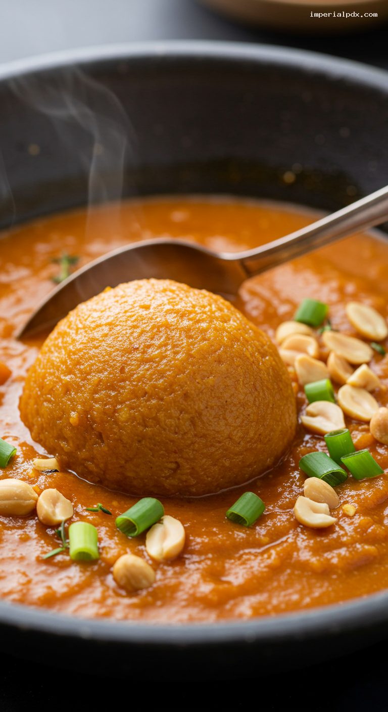 Ghanaian Groundnut Soup with Chicken or Fish – Closeup