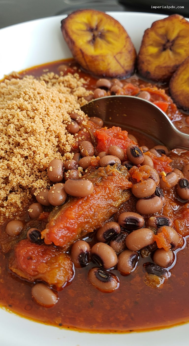 Ghanaian Red Red with Fried Plantains and Gari – Closeup