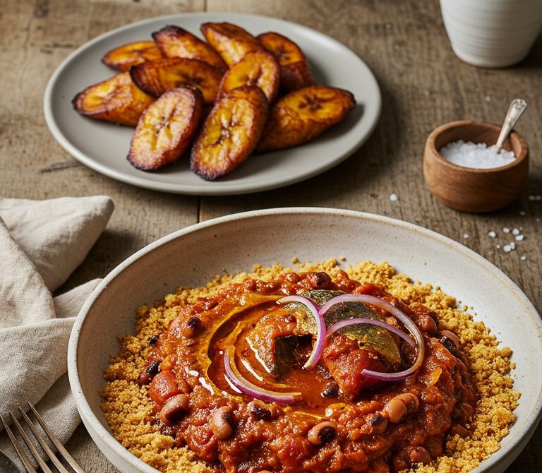 Ghanaian Red Red with Fried Plantains and Gari