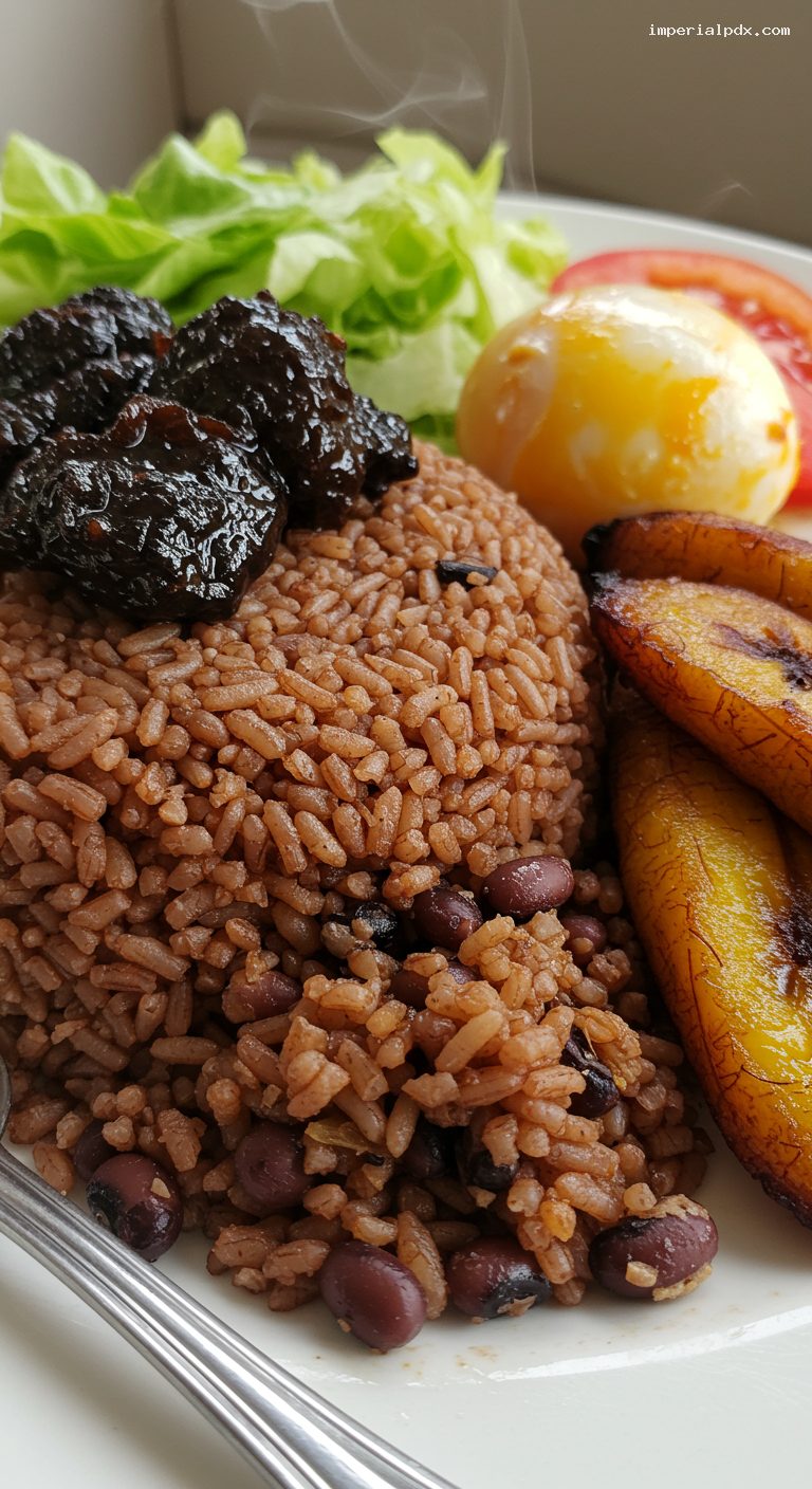 Ghanaian Waakye Platter with Shito and Fried Plantains – Closeup