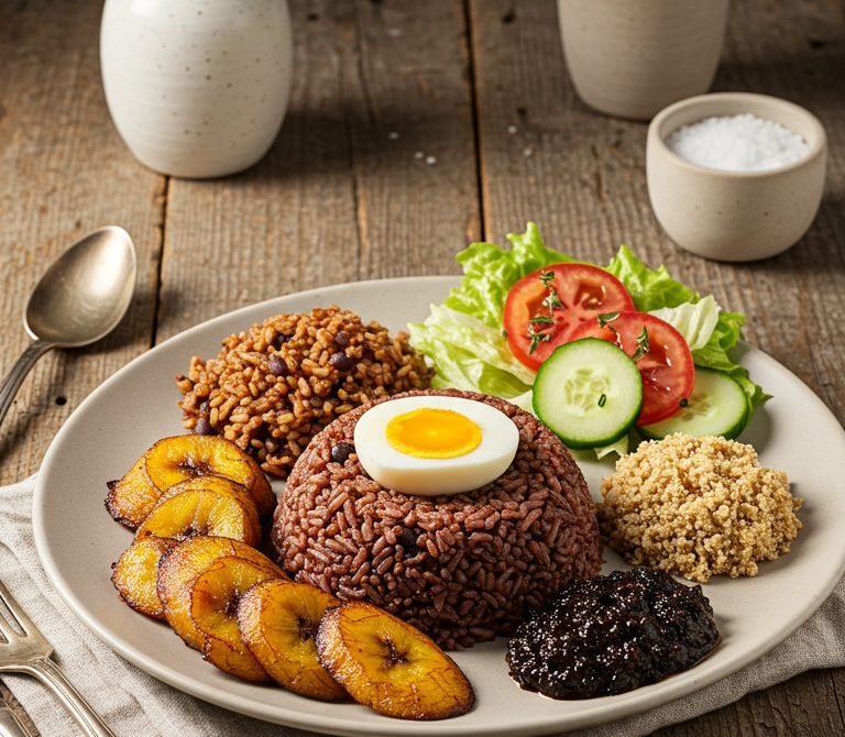 Ghanaian Waakye Platter with Shito and Fried Plantains