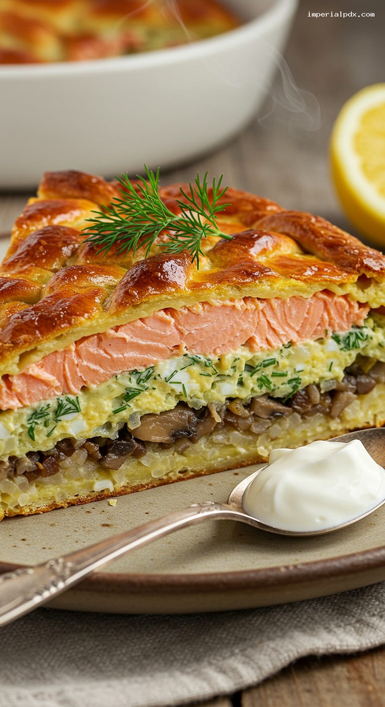 Golden Kulebyaka Salmon Pie with Rice and Dill – Closeup
