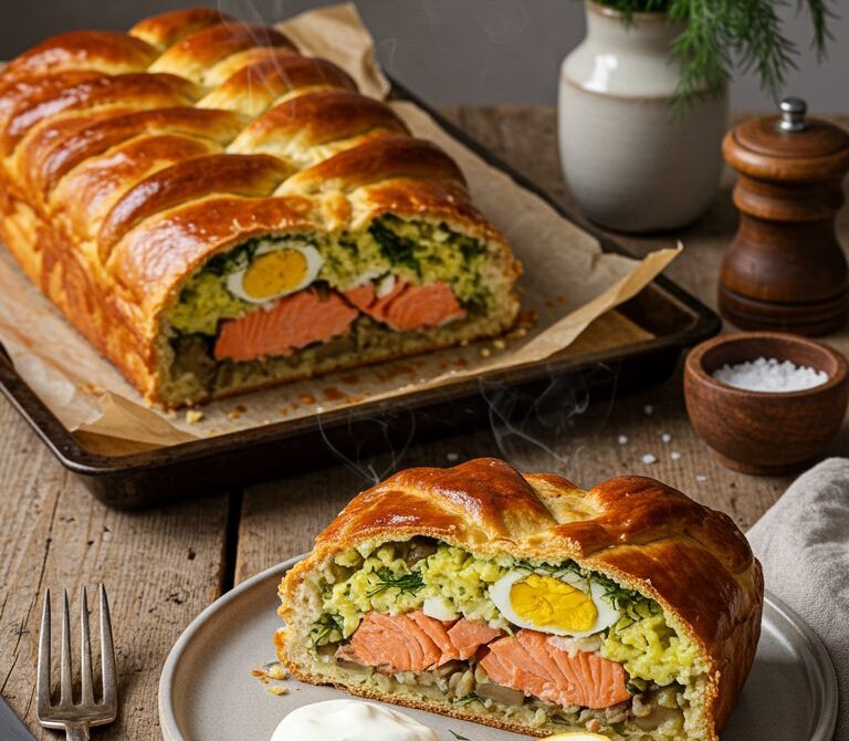 Golden Kulebyaka Salmon Pie with Rice and Dill