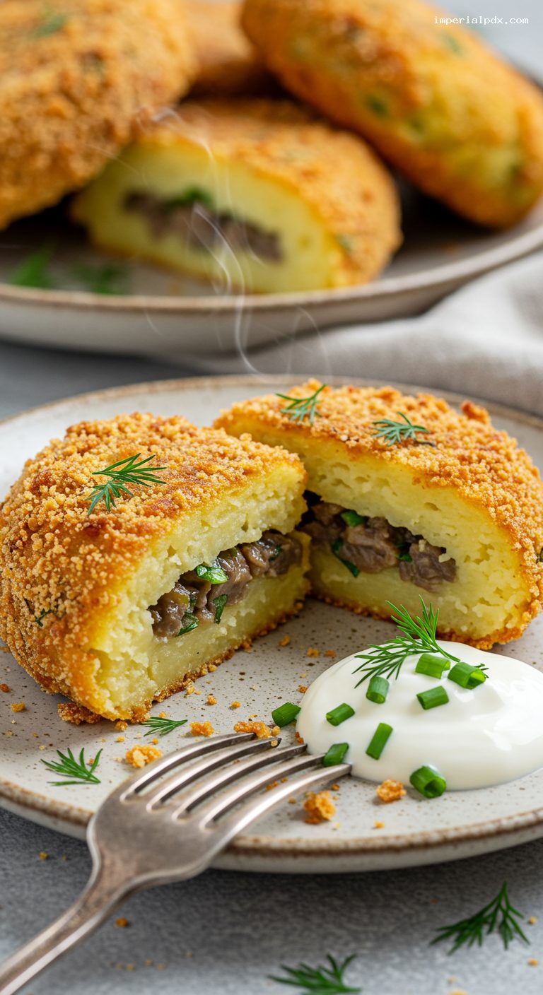Golden Potato Zrazy with Savory Mushroom Filling – Closeup
